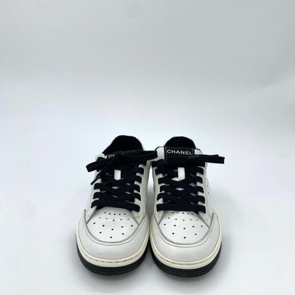Chanel White Leather Low-Top Sneakers With Black Accents & Logo Detailing - Picture 3 of 8